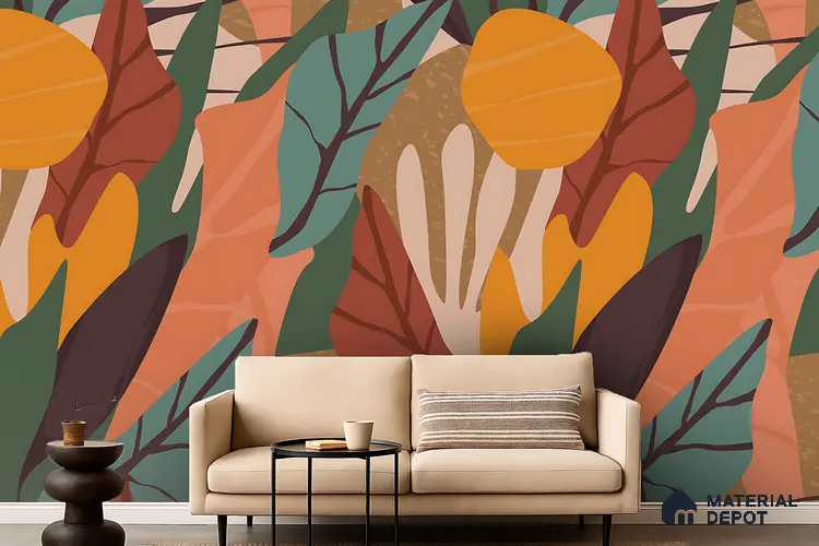 Autumn Abstract Bloom Minimalist Eucalyptus Leaves | WP 04140 B Non Woven Matte Finish Tropical Style Premium Customized size Wallpaper | 150 GSM WP01MTF Paper | (MOQ = 30 Sq. Ft.)