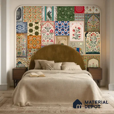 Rajputana Flora Muted Green Henna Leaves | WP 04168 Non Woven Matte Finish Indian Style Premium Customized size Wallpaper | 150 GSM WP01MTF Paper | (MOQ = 30 Sq. Ft.) | Design change not possible