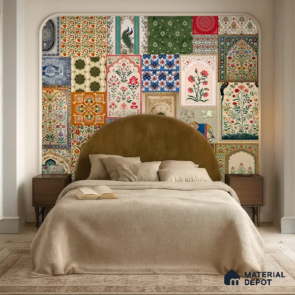 Rajputana Flora Muted Green Henna Leaves | WP 04168 Non Woven Matte Finish Indian Style Premium Customized size Wallpaper | 150 GSM WP01MTF Paper | (MOQ = 30 Sq. Ft.) | Design change not possible