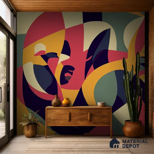 WP 04151 | Echoes of Faces Playful Rainbow | Multicolour Bright Cubist Face Art Abstract Look Wallpaper Canvas Texture Finish (Customised Size) | (MOQ = 30 Sq. Ft.)