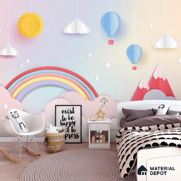 Kids Fantasy Sky Rainbow Over Mountain Tops | WP 04069 B Non Woven Matte Finish Geometric Style Premium Customized size Wallpaper | 150 GSM WP01MTF Paper | (MOQ = 30 Sq. Ft.)