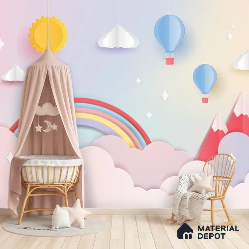 Kids Fantasy Sky Rainbow Over Mountain Tops | WP 04069 B Non Woven Matte Finish Geometric Style Premium Customized size Wallpaper | 150 GSM WP01MTF Paper | (MOQ = 30 Sq. Ft.)