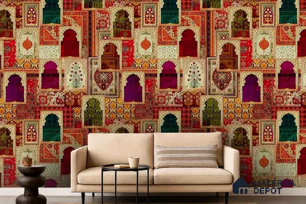 Rangrez Khazana Temple Arch Floral Brush | WP 04167 B Canvas Texture Finish Indian Style luxurious Customized size Wallpaper | 250 GSM WP01CNF Paper | (MOQ = 30 Sq. Ft.)