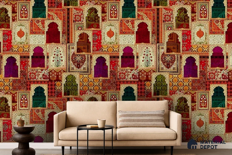 Rangrez Khazana Temple Arch Floral Brush | WP 04167 B Canvas Texture Finish Indian Style luxurious Customized size Wallpaper | 250 GSM WP01CNF Paper | (MOQ = 30 Sq. Ft.)
