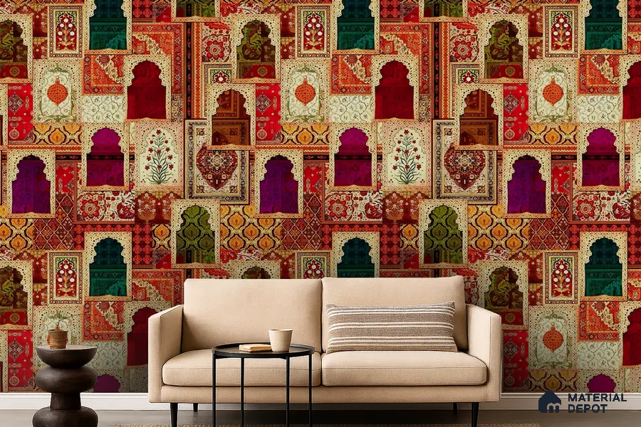 Rangrez Khazana Temple Arch Floral Brush | WP 04167 B Canvas Texture Finish Indian Style luxurious Customized size Wallpaper | 250 GSM WP01CNF Paper | (MOQ = 30 Sq. Ft.)