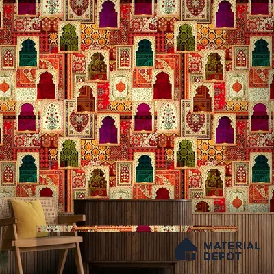 Rangrez Khazana Temple Arch Floral Brush | WP 04167 B Canvas Texture Finish Indian Style luxurious Customized size Wallpaper | 250 GSM WP01CNF Paper | (MOQ = 30 Sq. Ft.)