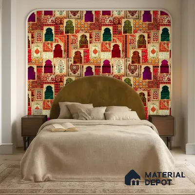 Rangrez Khazana Temple Arch Floral Brush | WP 04167 B Canvas Texture Finish Indian Style luxurious Customized size Wallpaper | 250 GSM WP01CNF Paper | (MOQ = 30 Sq. Ft.)