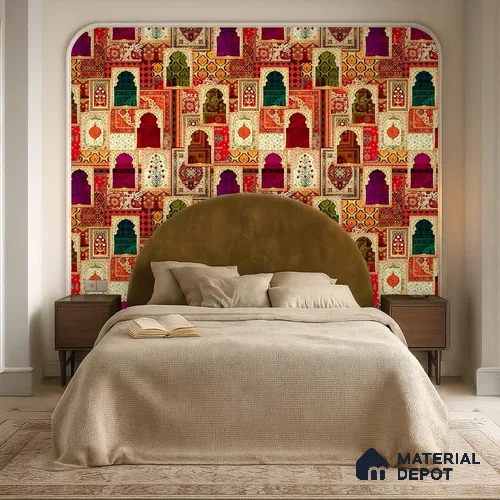Rangrez Khazana Temple Arch Floral Brush | WP 04167 B Canvas Texture Finish Indian Style luxurious Customized size Wallpaper | 250 GSM WP01CNF Paper | (MOQ = 30 Sq. Ft.)