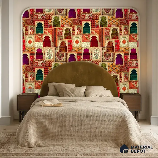 Rangrez Khazana Temple Arch Floral Brush | WP 04167 B Canvas Texture Finish Indian Style luxurious Customized size Wallpaper | 250 GSM WP01CNF Paper | (MOQ = 30 Sq. Ft.)