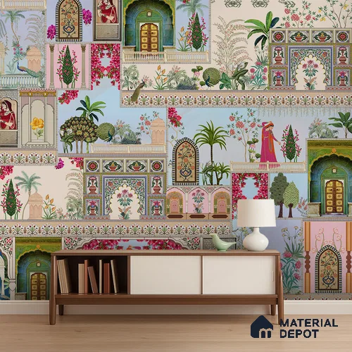 Mehfil-e-Gulistan Terracotta Peony Spread | WP 04166 B Canvas Texture Finish Indian Style luxurious Customized size Wallpaper | 250 GSM WP01CNF Paper | (MOQ = 30 Sq. Ft.)