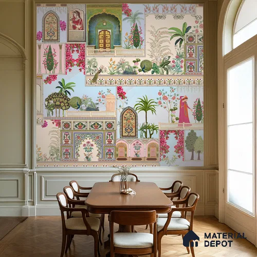 Mehfil-e-Gulistan Terracotta Peony Spread | WP 04166 B Canvas Texture Finish Indian Style luxurious Customized size Wallpaper | 250 GSM WP01CNF Paper | (MOQ = 30 Sq. Ft.)