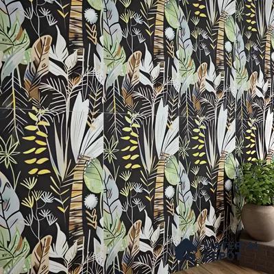 Tropical Wall Tile | TL 07191 B Fiore Foglie Black | 4 ft x 2 ft Matte Finish Vitrified Tile - 9 mm | Suitable For Living Room, Bathroom, Dining Area (Sample)