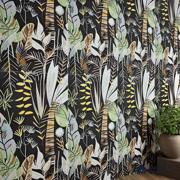 Tropical Wall Tile | TL 07191 B Fiore Foglie Black | 4 ft x 2 ft Matte Finish Vitrified Tile - 9 mm | Suitable For Living Room, Bathroom, Dining Area (Sample)