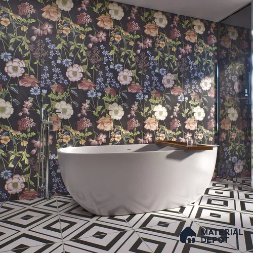 Floral Wall Tile | TL 07191 C Floreale Fiore Black | 4 ft x 2 ft Matte Finish Vitrified Tile - 9 mm | Suitable For Living Room, Bathroom, Dining Area