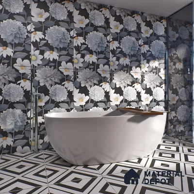 Floral Wall Tile | TL 07191 Stampa Floreale Black | 4 ft x 2 ft Matte Finish Vitrified Tile - 9 mm | Suitable For Living Room, Bathroom, Dining Area (Sample)