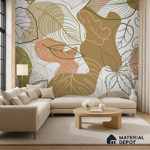 Leaf Geometry Warm Toned Poppy Spread | WP 04136 Canvas Texture Finish Tropical Style luxurious Customized size Wallpaper | 250 GSM WP01CNF Paper | (MOQ = 30 Sq. Ft.)