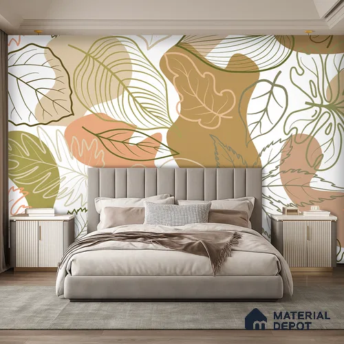 Leaf Geometry Warm Toned Poppy Spread | WP 04136 B Non Woven Matte Finish Tropical Style Premium Customized size Wallpaper | 150 GSM WP01MTF Paper | (MOQ = 30 Sq. Ft.)