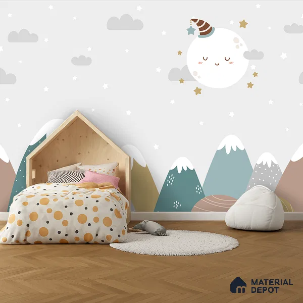 Goodnight Little Moon Winter Night | WP 04063 Canvas Texture Finish Nature Style luxurious Customized size Wallpaper | 250 GSM WP01CNF Paper | (MOQ = 30 Sq. Ft.)