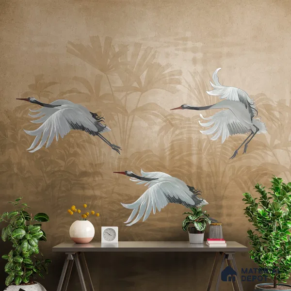H903012 Musafir Beautiful Cranes Brown Wallpaper Sukoon Series Canvas Abstract Design (Customised Size Wallpaper)