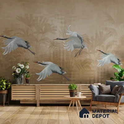 Musafir Beautiful Cranes Brown Wallpaper Sukoon Series Handmade Abstract Design (Customised Size Wallpaper)