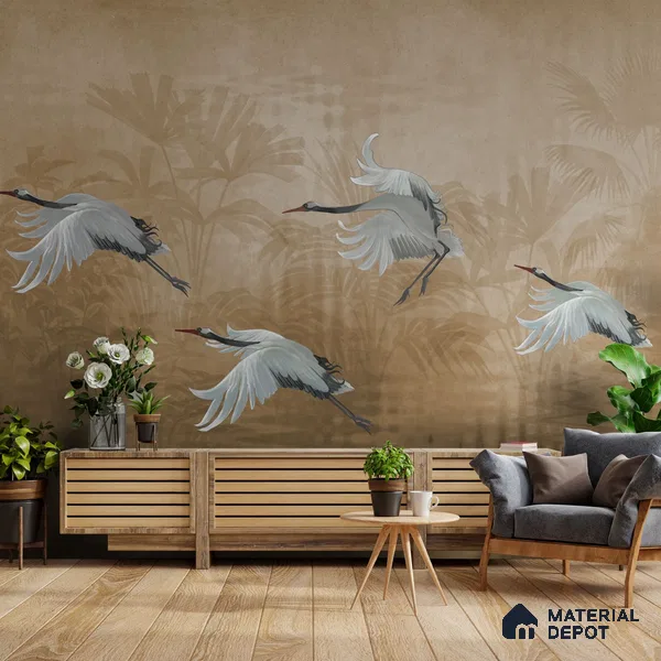 Musafir Beautiful Cranes Brown Wallpaper Sukoon Series Handmade Abstract Design (Customised Size Wallpaper)