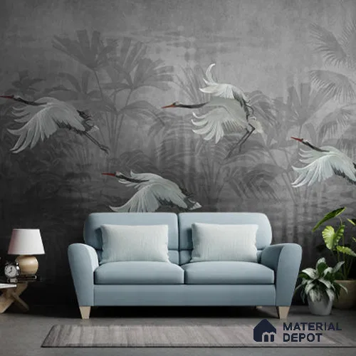 Musafir Beautiful Cranes Grey Wallpaper Sukoon Series Canvas Abstract Design (Customised Size Wallpaper)