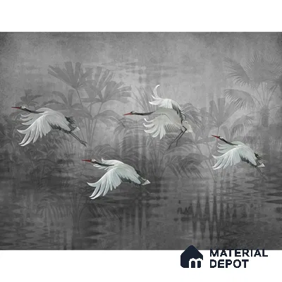 Musafir Beautiful Cranes Grey | Charcoal Grey Flying Cranes Scenic Look Wallpaper Handmade (Customised Size)