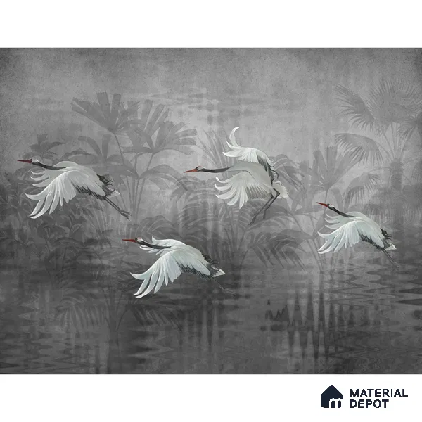 Musafir Beautiful Cranes Grey | Charcoal Grey Flying Cranes Scenic Look Wallpaper Handmade (Customised Size)