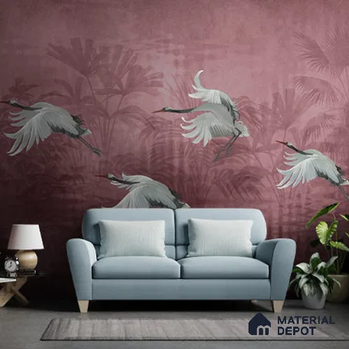 Musafir Beautiful Cranes Maroon Wallpaper Sukoon Series Canvas Abstract Design (Customised Size Wallpaper)