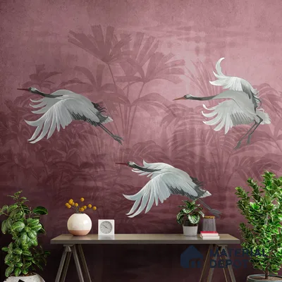 Musafir Beautiful Cranes Maroon Wallpaper Sukoon Series Handmade Abstract Design (Customised Size Wallpaper)