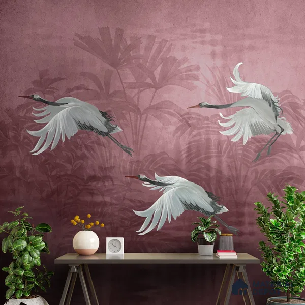 Musafir Beautiful Cranes Maroon Wallpaper Sukoon Series Handmade Abstract Design (Customised Size Wallpaper)