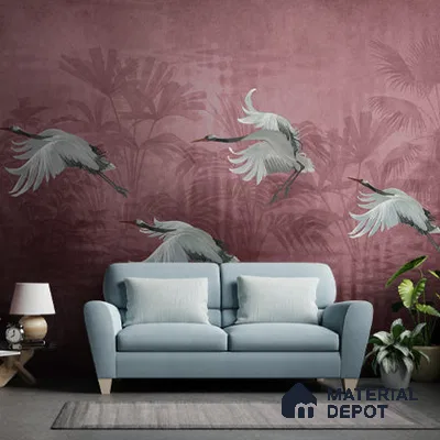 Musafir Beautiful Cranes Maroon Wallpaper Sukoon Series Handmade Abstract Design (Customised Size Wallpaper)