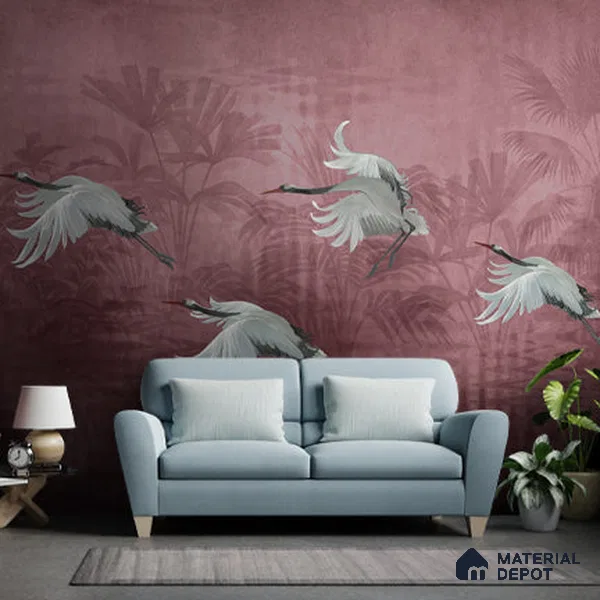 Musafir Beautiful Cranes Maroon Wallpaper Sukoon Series Handmade Abstract Design (Customised Size Wallpaper)