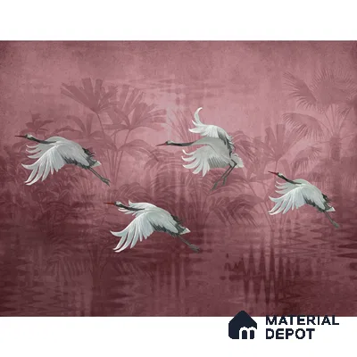 Musafir Beautiful Cranes Maroon Wallpaper Sukoon Series Handmade Abstract Design (Customised Size Wallpaper)