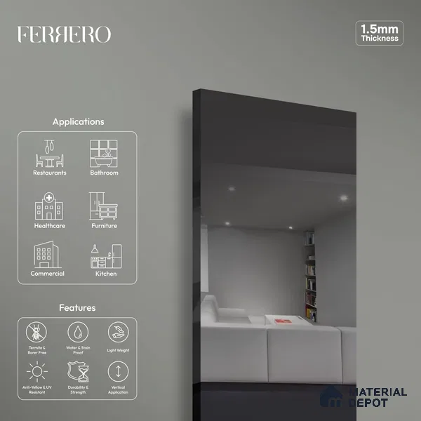 Ferrero 1B 0147 Charcoal Reflection 8 ft x 4 ft Mirror Series High Gloss Finish Acrylic Laminate - 1.5 mm (LM 01133) | Suitable for Kitchen Cabinets, Study Areas, Wardrobe