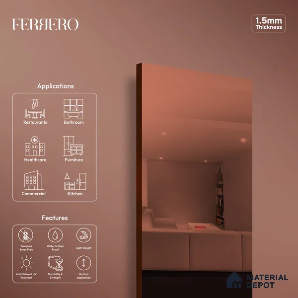 Ferrero 1B 0148 Peachy Reflect 8 ft x 4 ft Mirror Series High Gloss Finish Acrylic Laminate - 1.5 mm (LM 01134) | Suitable for Kitchen Cabinets, Study Areas, Wardrobe
