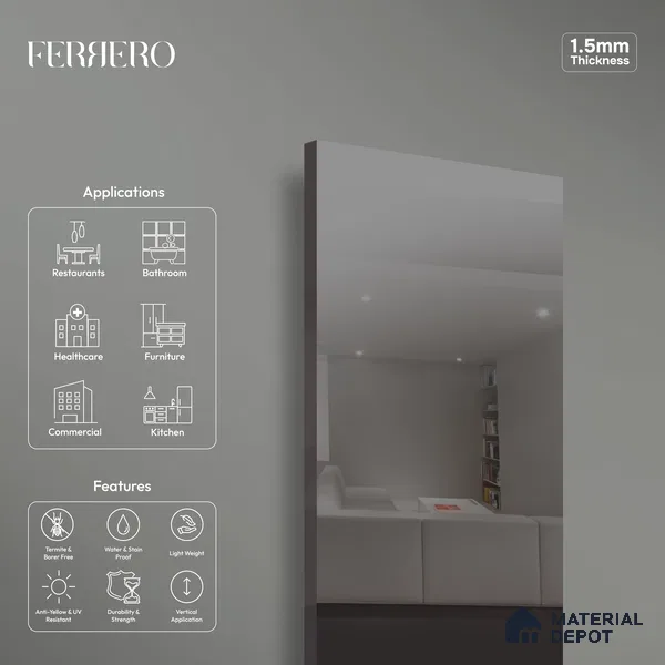 Ferrero 1B 0149 Grey Whisper 8 ft x 4 ft Mirror Series High Gloss Finish Acrylic Laminate - 1.5 mm (LM 01135) | Suitable for Kitchen Cabinets, Study Areas, Wardrobe