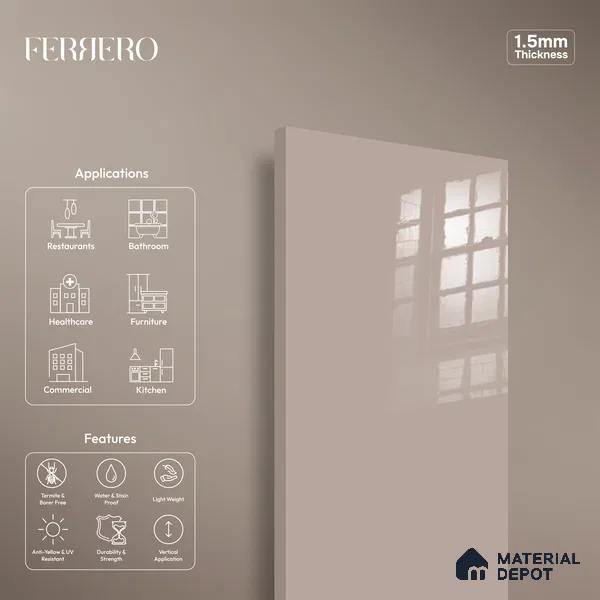Ferrero 1B 0803 Dusty Taupe 8 ft x 4 ft Solid Series High Gloss Finish Acrylic Laminate - 1.5 mm (LM 01150) | Matching Edgeband Code - 803 | Suitable for Kitchen Cabinets, Study Areas, Wardrobe