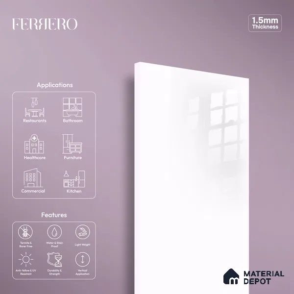 Ferrero 1B 0804 Lilac Frost 8 ft x 4 ft Solid Series High Gloss Finish Acrylic Laminate - 1.5 mm (LM 01151) | Matching Edgeband Code - 804 | Suitable for Kitchen Cabinets, Study Areas, Wardrobe