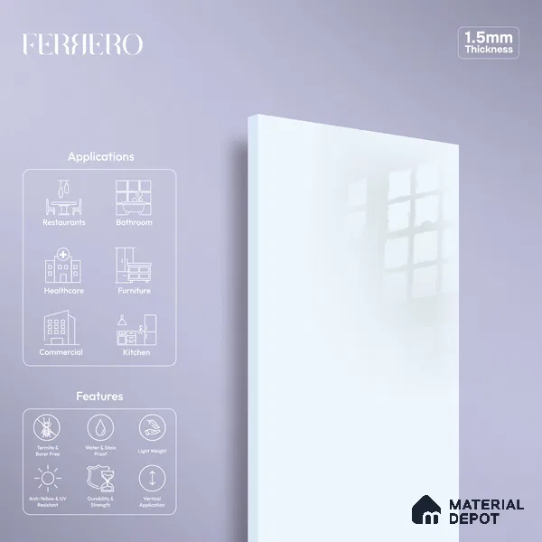 Ferrero 1B 0807 Lavender Haze 8 ft x 4 ft Solid Series High Gloss Finish Acrylic Laminate - 1.5 mm (LM 01157) | Matching Edgeband Code - 807 | Suitable for Kitchen Cabinets, Study Areas, Wardrobe