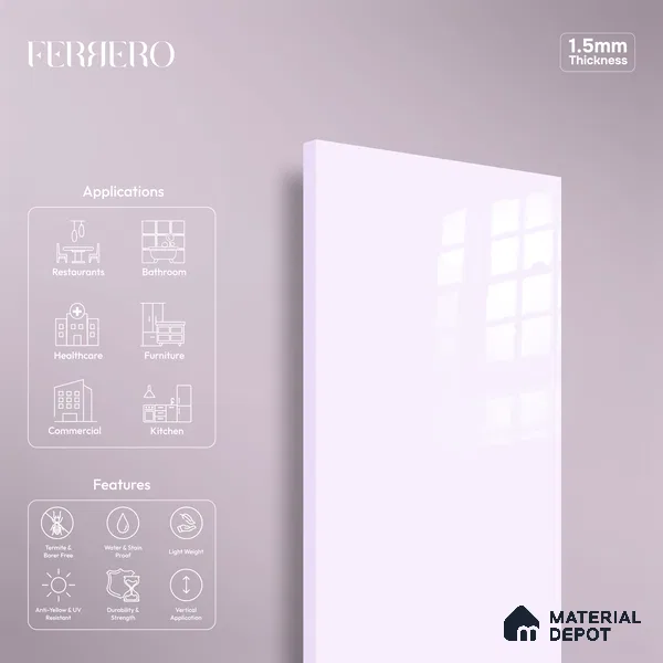 Ferrero 1B 0815 Pastel Violet 8 ft x 4 ft Solid Series High Gloss Finish Acrylic Laminate - 1.5 mm (LM 01158) | Matching Edgeband Code - 815 | Suitable for Kitchen Cabinets, Study Areas, Wardrobe