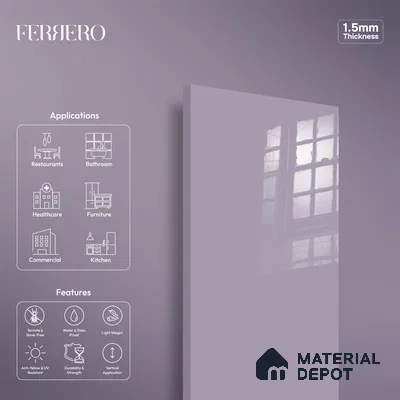Ferrero 1B 0831 Lavender Lilac 8 ft x 4 ft Solid Series High Gloss Finish Acrylic Laminate - 1.5 mm (LM 01162) | Matching Edgeband Code - 831 | Suitable for Kitchen Cabinets, Study Areas, Wardrobe