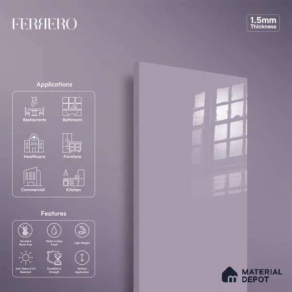 Ferrero 1B 0831 Lavender Lilac 8 ft x 4 ft Solid Series High Gloss Finish Acrylic Laminate - 1.5 mm (LM 01162) | Matching Edgeband Code - 831 | Suitable for Kitchen Cabinets, Study Areas, Wardrobe