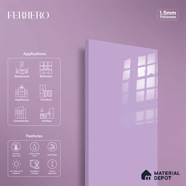 Ferrero 1B 0832 French Lilac 8 ft x 4 ft Solid Series High Gloss Finish Acrylic Laminate - 1.5 mm (LM 01161) | Matching Edgeband Code - 832 | Suitable for Kitchen Cabinets, Study Areas, Wardrobe