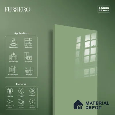 Ferrero 1B 0833 Sage Green 8 ft x 4 ft Solid Series High Gloss Finish Acrylic Laminate - 1.5 mm (LM 01155) | Matching Edgeband Code - 833 | Suitable for Kitchen Cabinets, Study Areas, Wardrobe