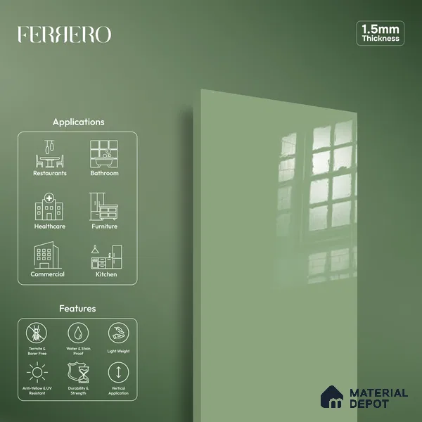 Ferrero 1B 0833 Sage Green 8 ft x 4 ft Solid Series High Gloss Finish Acrylic Laminate - 1.5 mm (LM 01155) | Matching Edgeband Code - 833 | Suitable for Kitchen Cabinets, Study Areas, Wardrobe