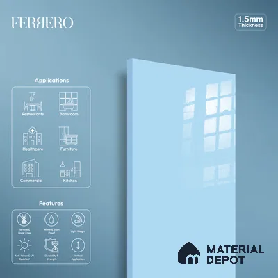 Ferrero 1B 0837 Sky Blue 8 ft x 4 ft Solid Series High Gloss Finish Acrylic Laminate - 1.5 mm (LM 01165) | Matching Edgeband Code - 837 | Suitable for Kitchen Cabinets, Study Areas, Wardrobe