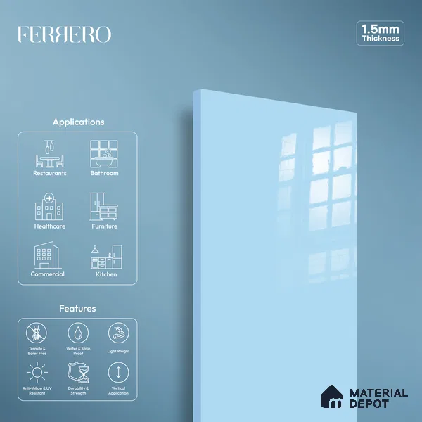 Ferrero 1B 0837 Sky Blue 8 ft x 4 ft Solid Series High Gloss Finish Acrylic Laminate - 1.5 mm (LM 01165) | Matching Edgeband Code - 837 | Suitable for Kitchen Cabinets, Study Areas, Wardrobe