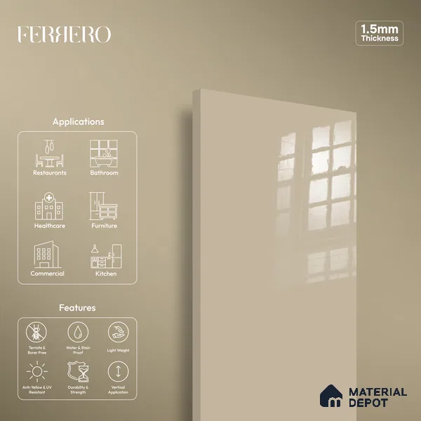 Ferrero 1B 0842 Dusty Gold 8 ft x 4 ft Solid Series High Gloss Finish Acrylic Laminate - 1.5 mm (LM 01138) | Matching Edgeband Code - 842 | Suitable for Kitchen Cabinets, Study Areas, Wardrobe