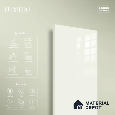 Ferrero 1B 0843 Pearl White 8 ft x 4 ft Solid Series High Gloss Finish Acrylic Laminate - 1.5 mm (LM 01139) | Matching Edgeband Code - 843 | Suitable for Kitchen Cabinets, Study Areas, Wardrobe